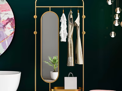 Modern Golden Hanger With Hanging Clothes Mirror Plant Shopping Bag Against Dark Green Wall 3d model