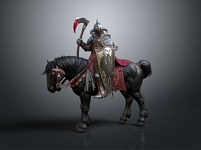 Medieval Knight On Horseback With Full Body Armor Red Axe And Decorative Shield 3d model