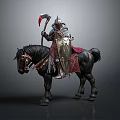 Medieval Knight On Horseback With Full Body Armor Red Axe And Decorative Shield