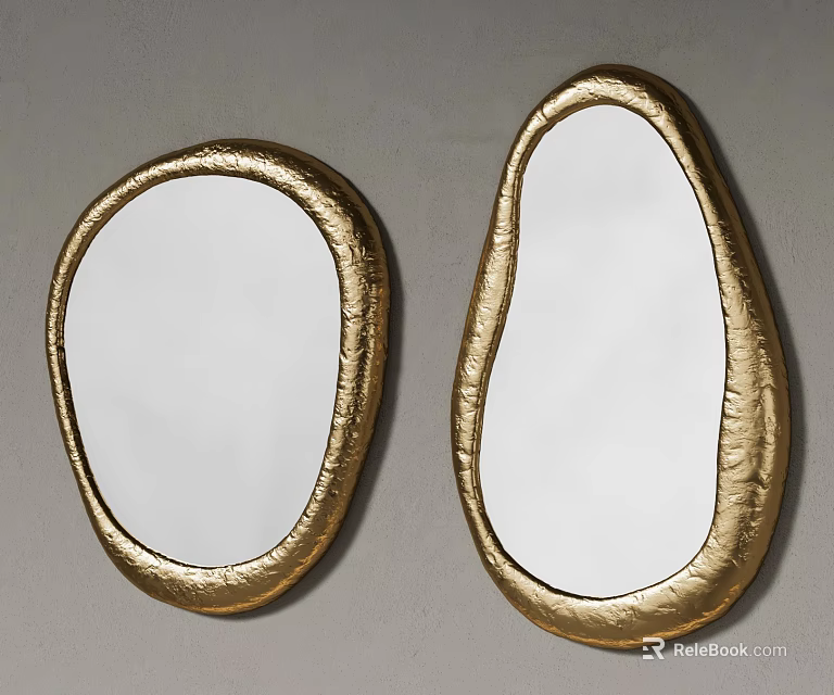 Two Golden Irregular Shaped Mirrors with Textured Frames on Gray Background 3d model 