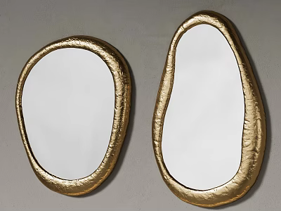 Two Golden Irregular Shaped Mirrors with Textured Frames on Gray Background 3d model