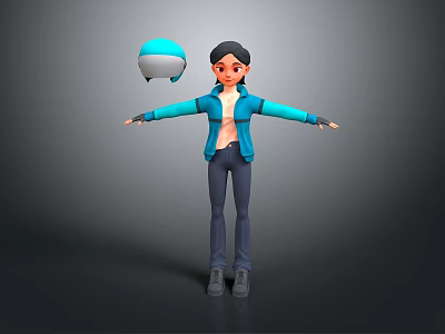 Animated Character In Blue Jacket Dark Pants Gray Shoes With Blue White Helmet 3d model