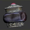 Red Vessel With Silver Decorated Lid And Red Gemstone On Dark Background