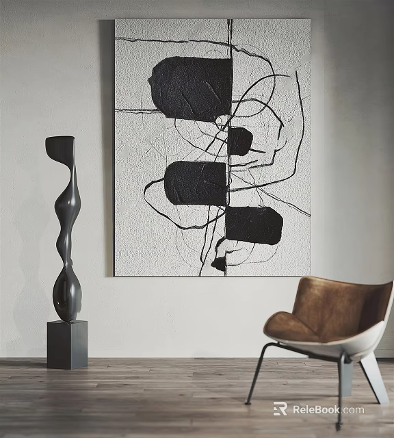 Abstract Painting In Modern Interior With Black White Shapes Curved Lines And Sculpture Chair 3d model 