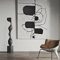Abstract Painting In Modern Interior With Black White Shapes Curved Lines And Sculpture Chair
