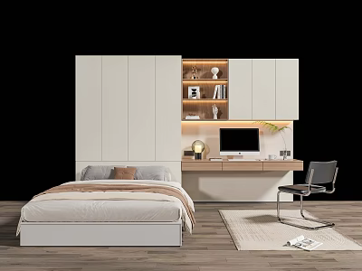 Single Bed With White Cabinets Desk Computer Chair And Wooden Floor Rug 3d model