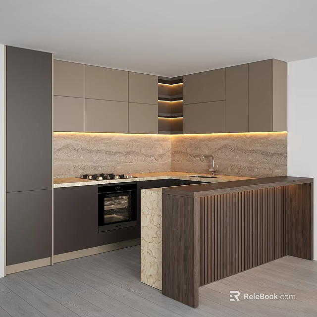 Modern Kitchen Interior Design With Stylish Cabinets Island And Marble Countertop 3d model 