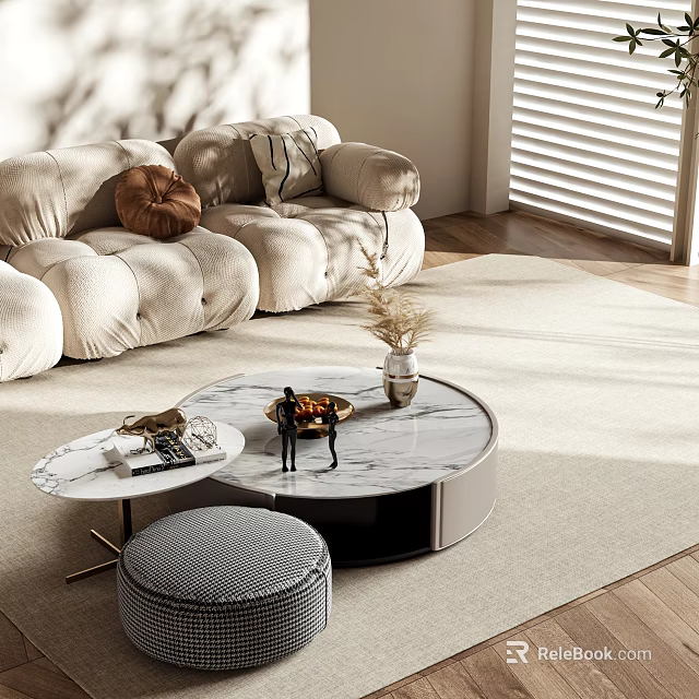 Modern Living Room Interior With Round Marble Coffee Table Cozy Sofa Light Rug And Sunlight 3d model 