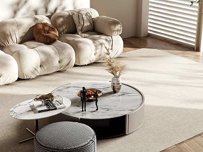 Modern Living Room Interior With Round Marble Coffee Table Cozy Sofa Light Rug And Sunlight 3d model