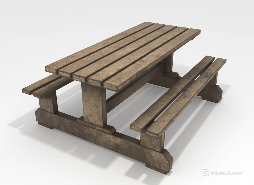 Rustic Outdoor Wooden Picnic Table With Attached Benches And Solid Wood Slats 3d model 
