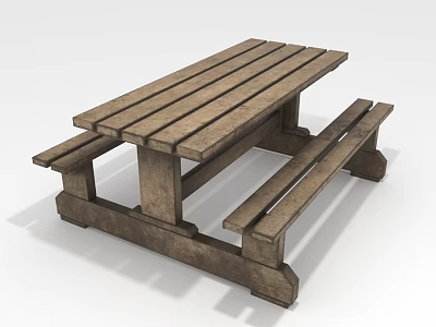 Rustic Outdoor Wooden Picnic Table With Attached Benches And Solid Wood Slats 3d model