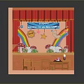 Handmade Teaching Corner Scene With Red Curtains Wall Paintings Rainbow Backdrop Tables And Chairs
