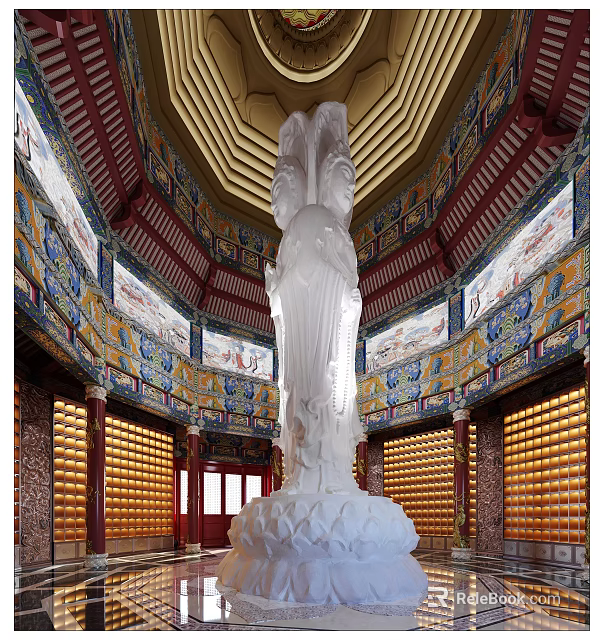 Sacred Religious Faith Temple Interior With White Statue Ornate Ceiling And Golden Elements 3d model 