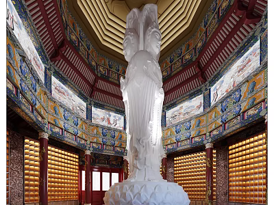 Sacred Religious Faith Temple Interior With White Statue Ornate Ceiling And Golden Elements 3d model