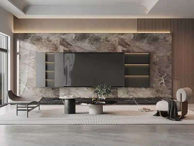 Elegant Modern TV Wall Design With Marble Surface And Wooden Decor Lighting 3d model