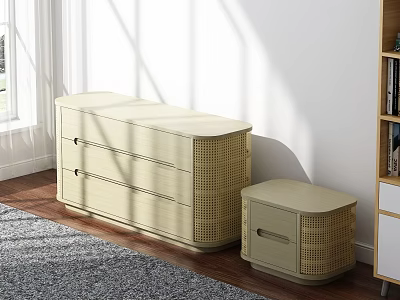 Beige Modern Nightstands With Woven Panels And Drawers In Sunlit Bedroom 3d model