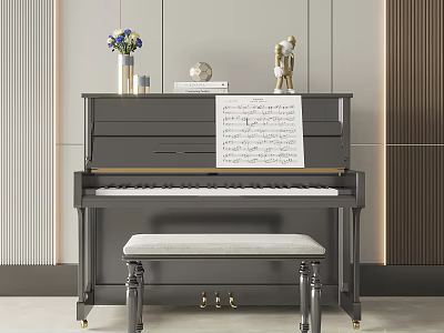 Elegant Black Piano With Music Sheet Vase And Decorative Statue In Modern Interior 3d model