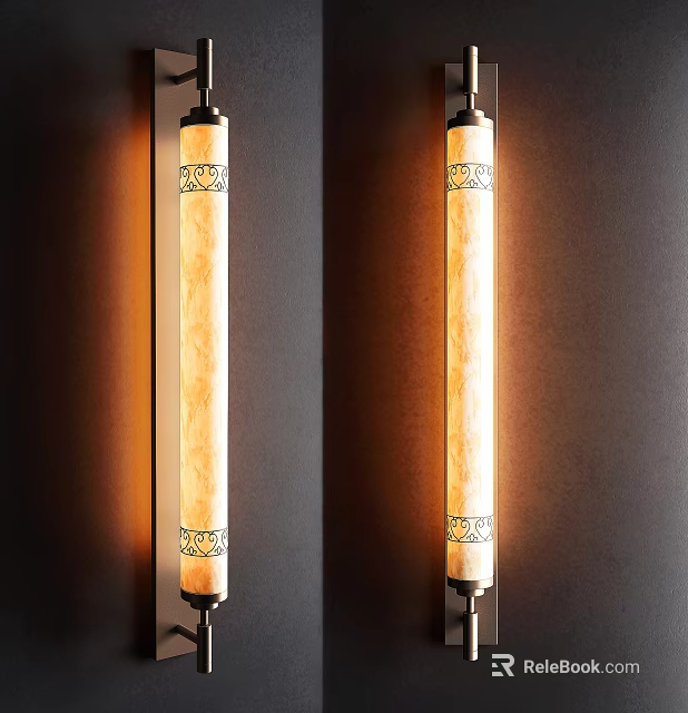 Pair of Vertical Decorative Illuminated Wall Lamps on Dark Wall with Modern Design 3d model 