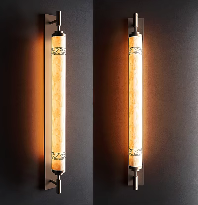 Pair of Vertical Decorative Illuminated Wall Lamps on Dark Wall with Modern Design 3d model