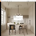 Light Colored Modern Kitchen Interior With Island Counter Dining Table And Pendant Light
