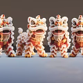 Red White Lion Dance Figurines With Ornate Details On Black Reflective Surface