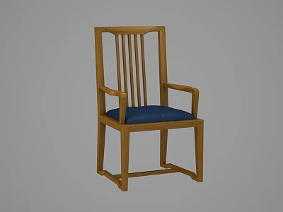 Wooden Frame Leisure Chair With Blue Cushioned Seat And Simple Armrest Design 3d model
