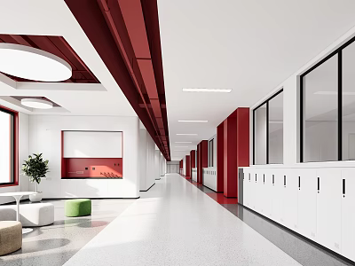 Modern Elevator Corridor With Red Beams White Lockers And Green Accents 3d model