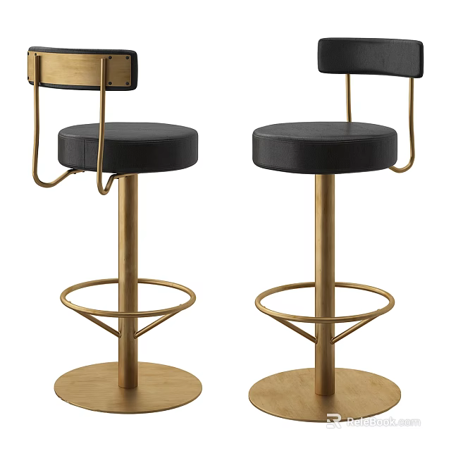 Modern Bar Stools With Black Leather Seat Gold Metal Frame Round Footrest And Wooden Base 3d model 
