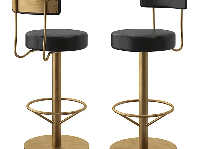 Modern Bar Stools With Black Leather Seat Gold Metal Frame Round Footrest And Wooden Base 3d model