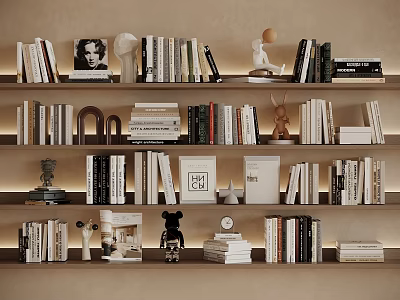 Modern Bookshelf Interior Featuring Neatly Arranged Books And Decorative Items 3d model