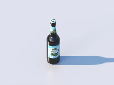 Black Wine Bottle with Green Patterned Label and Glass on Light Background with Shadow 3d model