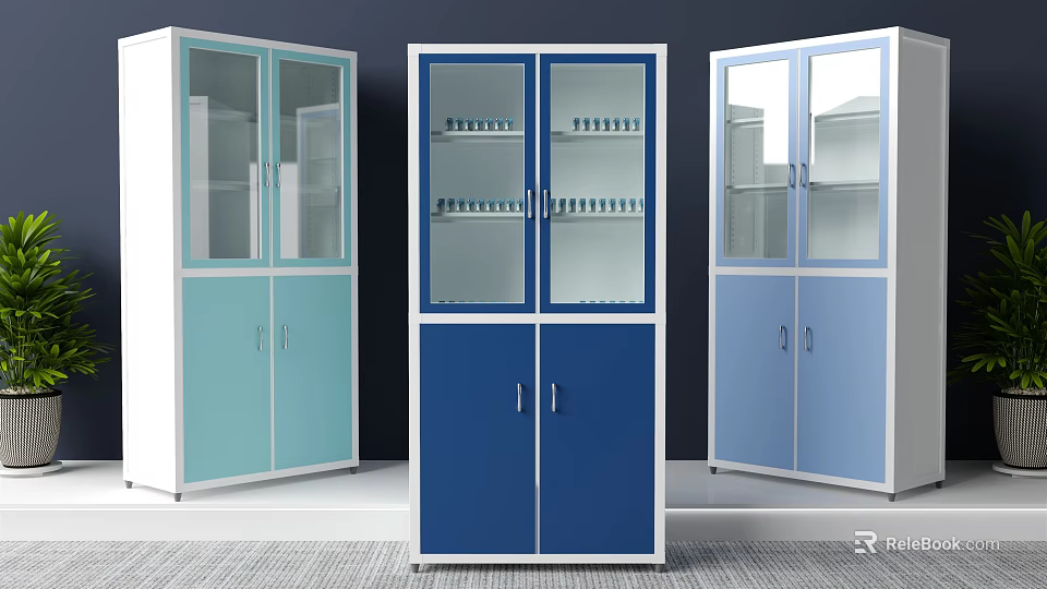 Colorful Metal Storage Cabinets With Glass Doors And Lower Compartments 3d model 