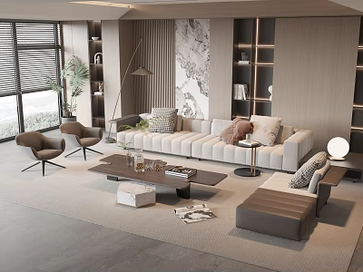Modern Living Room Sofa And Coffee Table Set With Cushions Accent Chairs And Green Plants 3d model
