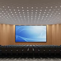 Large Modern Conference Room With Blue Seats Large Screen Wooden Walls And Ceiling Lighting