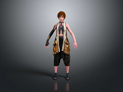 Stylish Woman With Brown Short Hair In Vest And Cargo Pants Standing With Black Boots 3d model