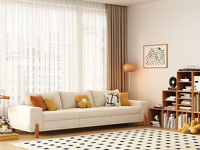 White Three Seater Sofa With Yellow Orange Pillows Floor Lamp And Bookshelf 3d model