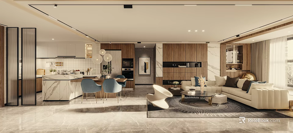 Modern Living And Dining Room Interior With Sofa Dining Table Chairs And Pendant Lights 3d model 