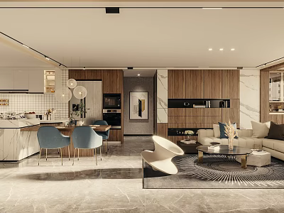 Modern Living And Dining Room Interior With Sofa Dining Table Chairs And Pendant Lights 3d model