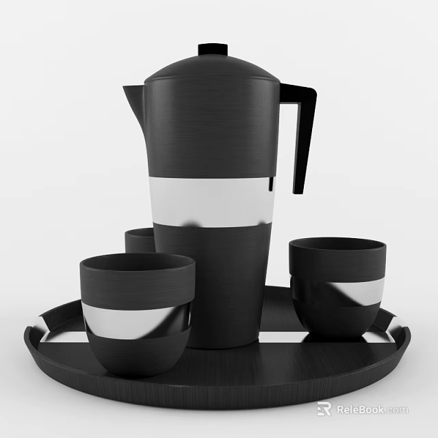 Black Tea Set with Silver Stripes Including Kettle and Cups on Black Tray 3d model 