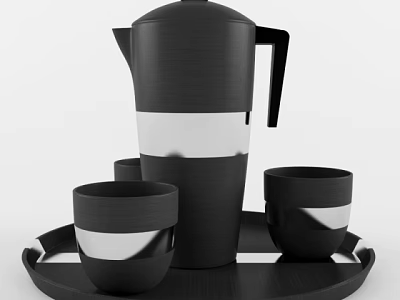 Black Tea Set with Silver Stripes Including Kettle and Cups on Black Tray 3d model