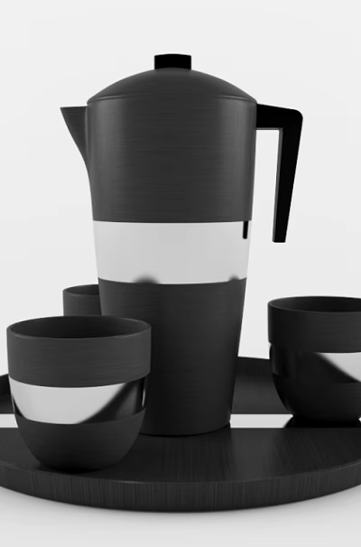 Black Tea Set with Silver Stripes Including Kettle and Cups on Black Tray 3d model