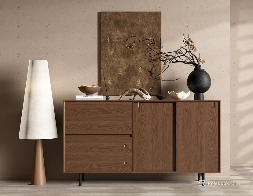 Wooden Console Cabinet With Floor Lamp Decorative Vase And Branches On Neutral Wall 3d model