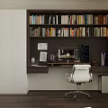 Modern Home Office Desk With Dark Bookshelf Full of Books Computer Monitor and White Chair