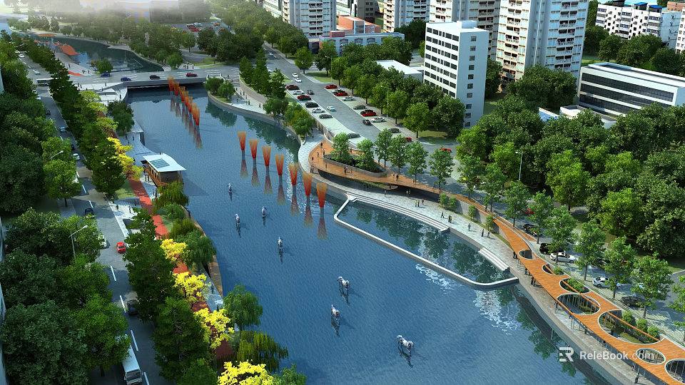 Scenic Urban Riverside Landscape With River Lush Trees Decorative Fountains And Pedestrian Walkways 3d model 