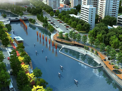Scenic Urban Riverside Landscape With River Lush Trees Decorative Fountains And Pedestrian Walkways 3d model