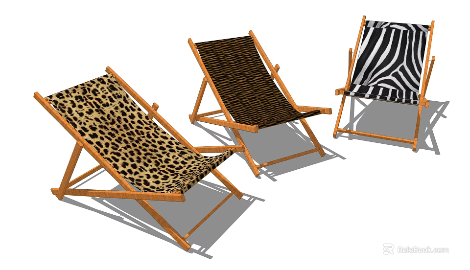 Stylish Wooden Frame Deck Chairs With Leopard Zebra And Dark Striped Patterns For Outdoor Relaxation 3d model 