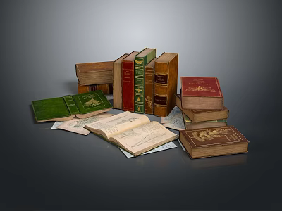 Various Colored Books Of Different Sizes Open And Stacked With Scattered Papers 3d model