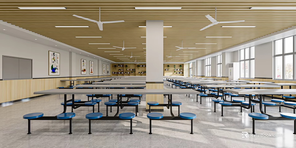 Bright Cafeteria Interior With Long Tables Blue Benches And Ceiling Fans 3d model 
