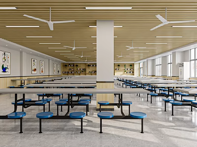 Bright Cafeteria Interior With Long Tables Blue Benches And Ceiling Fans 3d model