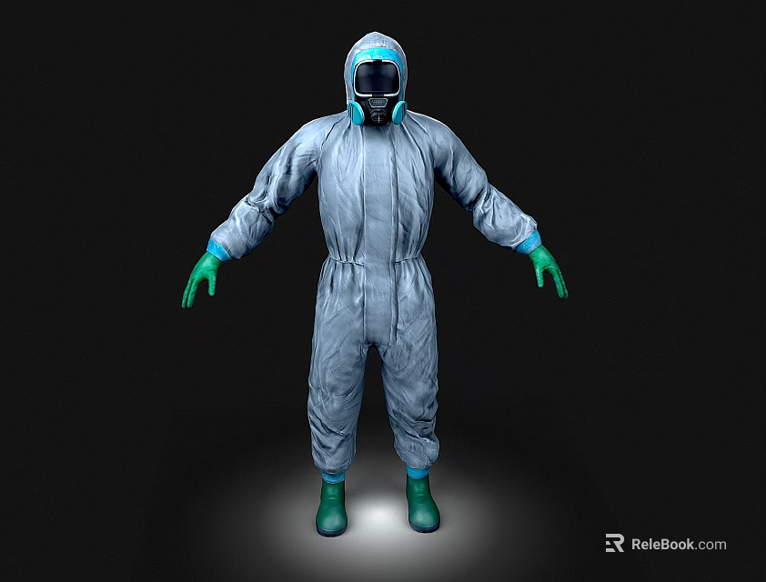 Gray Hazmat Suit with Blue Helmet Face Mask and Green Gloves Boots on Black Background 3d model 